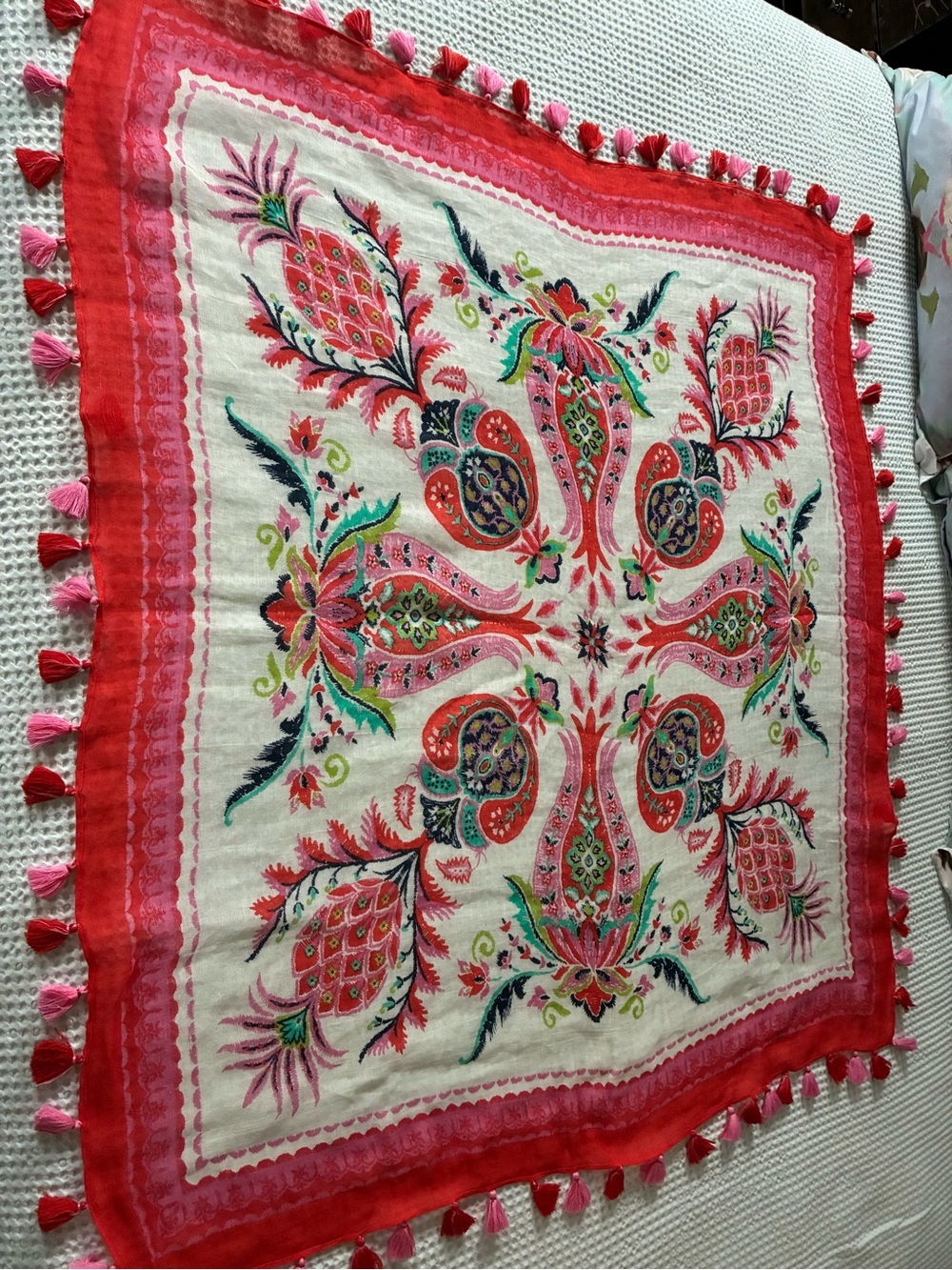 Spartina Floral Paisley Tassel Scarf - Pink & Red - 46” square - Picture 4 of 4